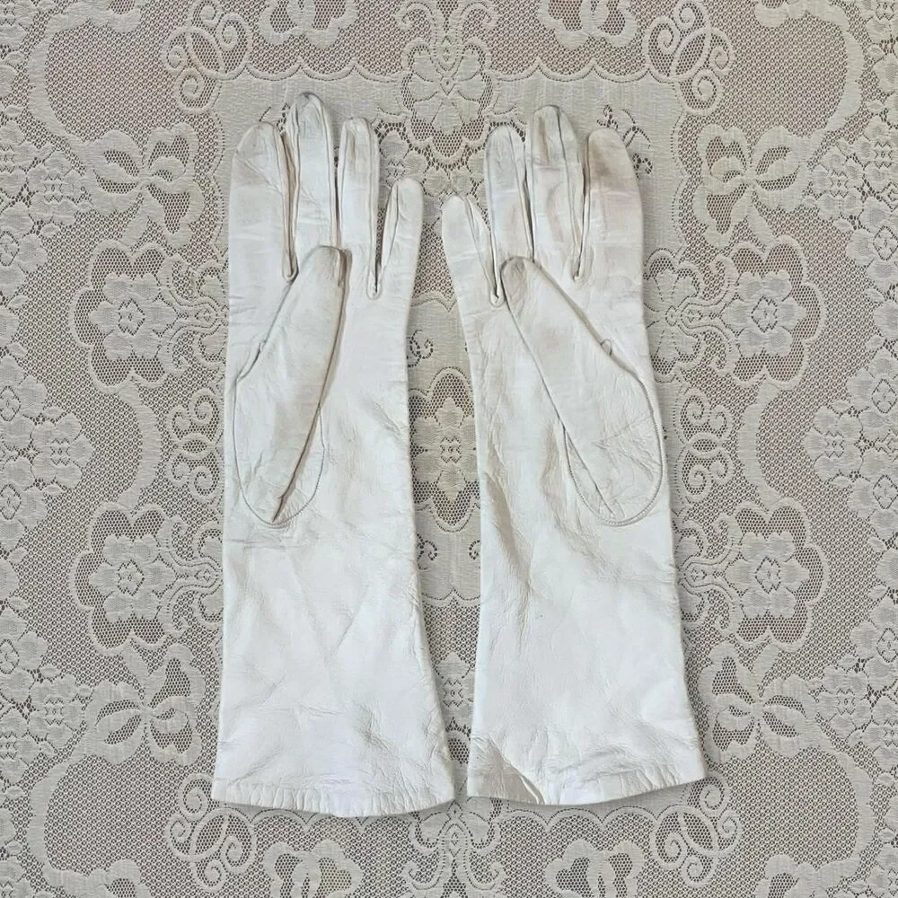 1950s vtg Neusteters made in France white leather & silk evening opera gloves